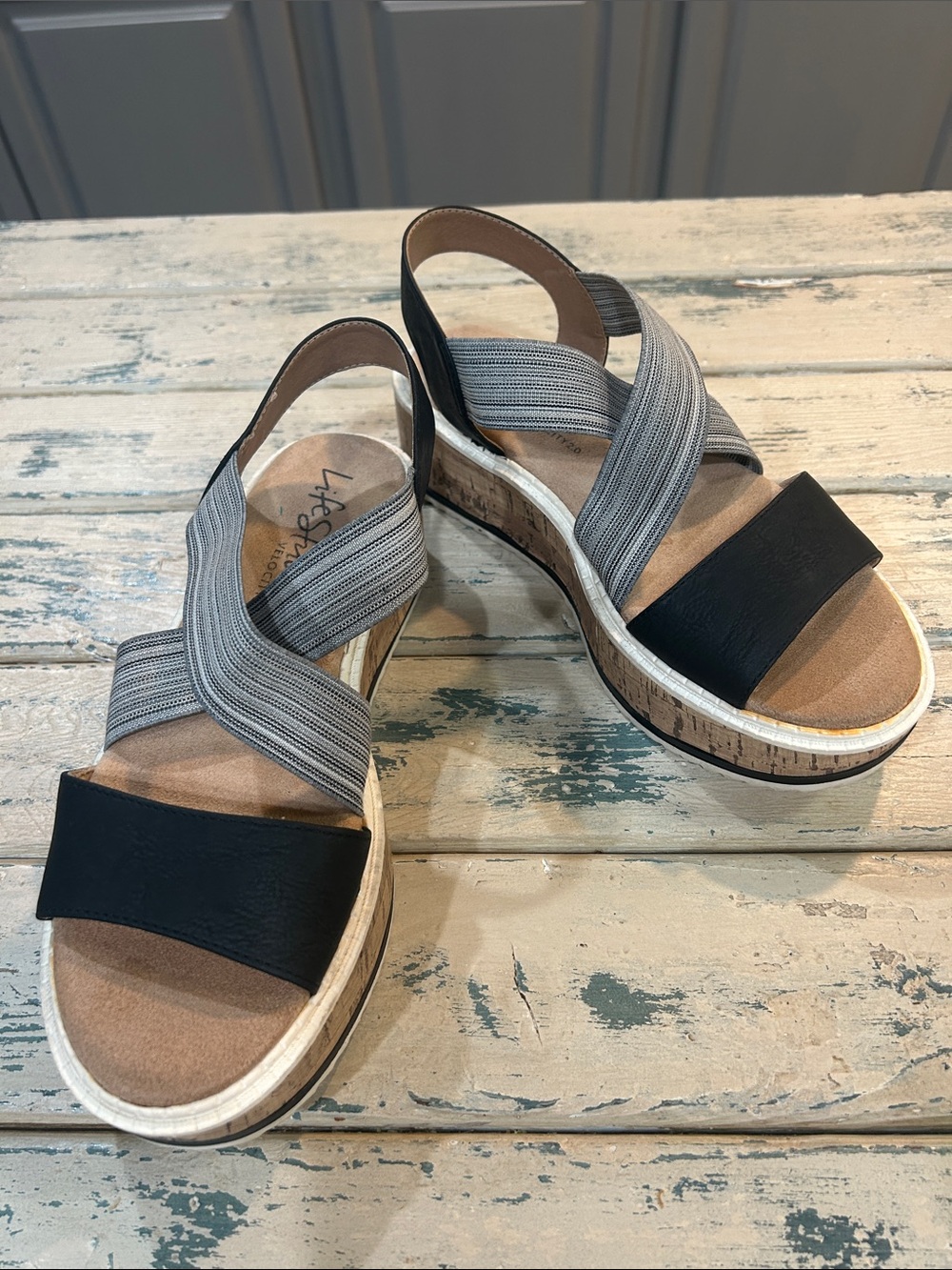 Life Stride Black and Gray Cork-Style Wedge Slingback Sandals